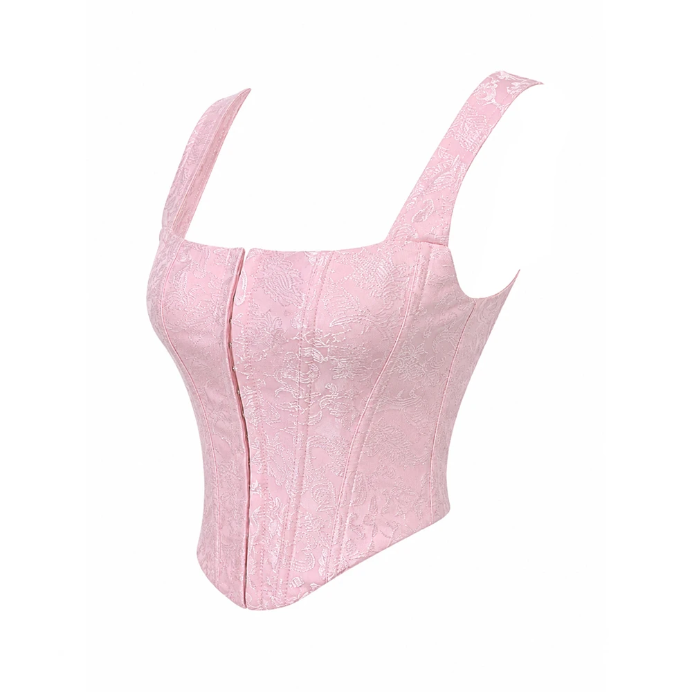 Women Victorian Pink Vintage Jacquard Corset Front Row Buttoned Fishbone Bustier Vest Sexy Slimming Shaper Lingerie Boned Bodice