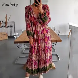 Women Fashion Pattern Printed Dress Autumn Office Casual Long Sleeve Pleated Dress Lady Vintage Loose High Waist Dresses Vestido