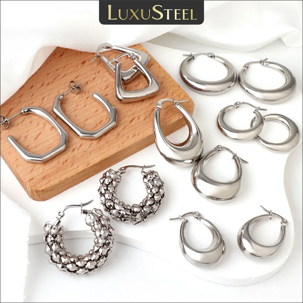 LUXUSTEEL Chunky Silver Color Stainless Steel Hoops for Women Men Circle Round Huggie Earrings Punk Luxury Jewelry Not Fade