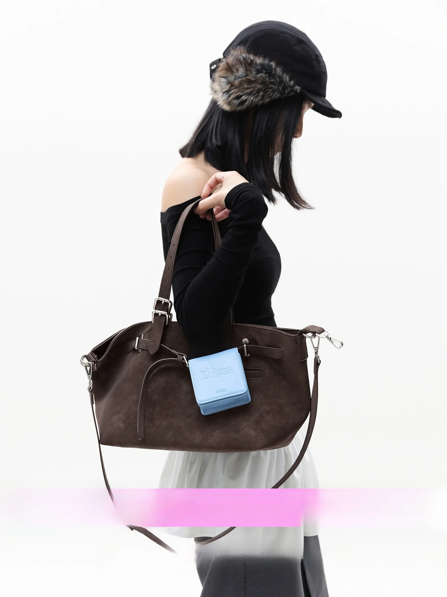 JANDRESS Original Design Minimalist Commuter Tote Bag Small Size Suede Brown Single Shoulder Crossbody Handbag