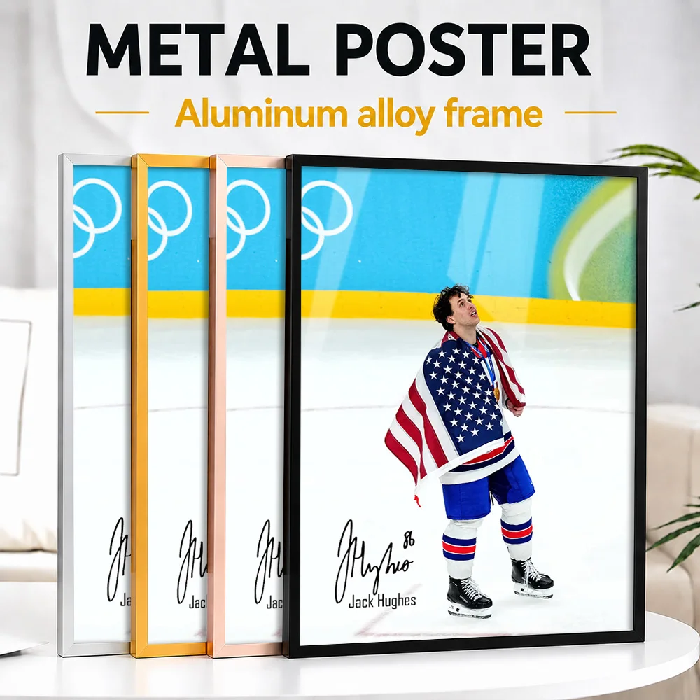 Jack Hughes With American Flag And Medal Framed Metal Print Personalized Victory Tribute Wall Art For Athletes Decorating Gym