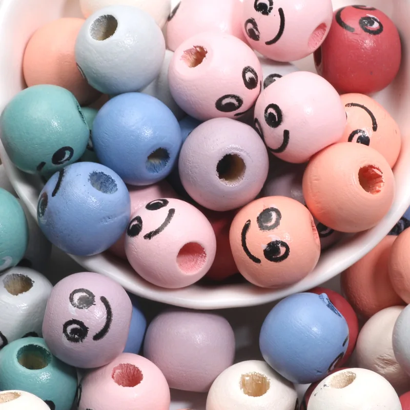 14mm 30Pcs Smiling Face Pattern Mixed Color Circular Bead Wooden Bead For Handmade Jewelry Making Bracelets Necklaces Accessorie