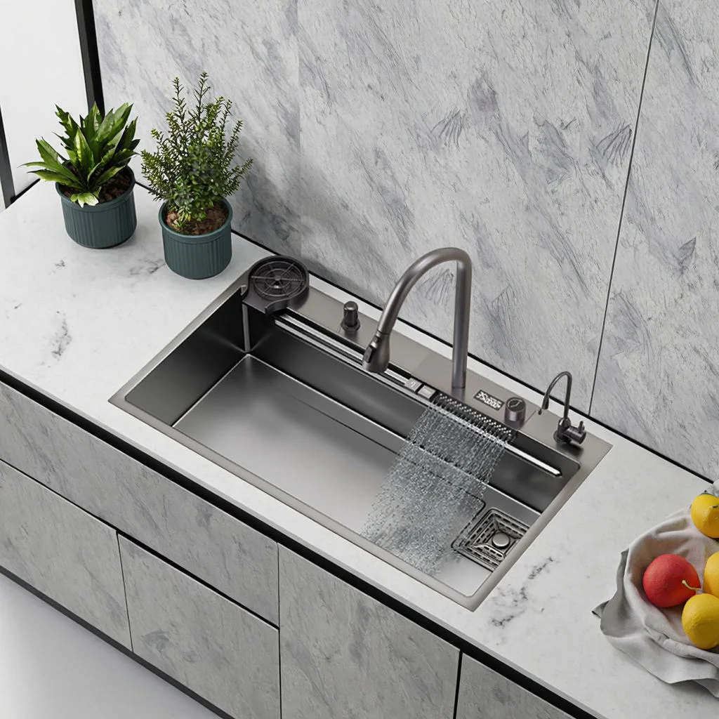 

Stainless Steel Kitchen Sink — Multifunctional & Scratch-Resistant, Featuring an LED Digital Display Faucet and Waterfall Outle