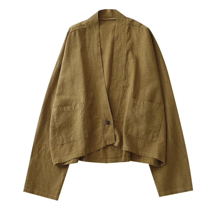 

Casual Loose Cotton Linen ort Jaet Women Spring Autumn New Sle Long Sve V-Ne Button up Pure Color Zen Tea Clothing