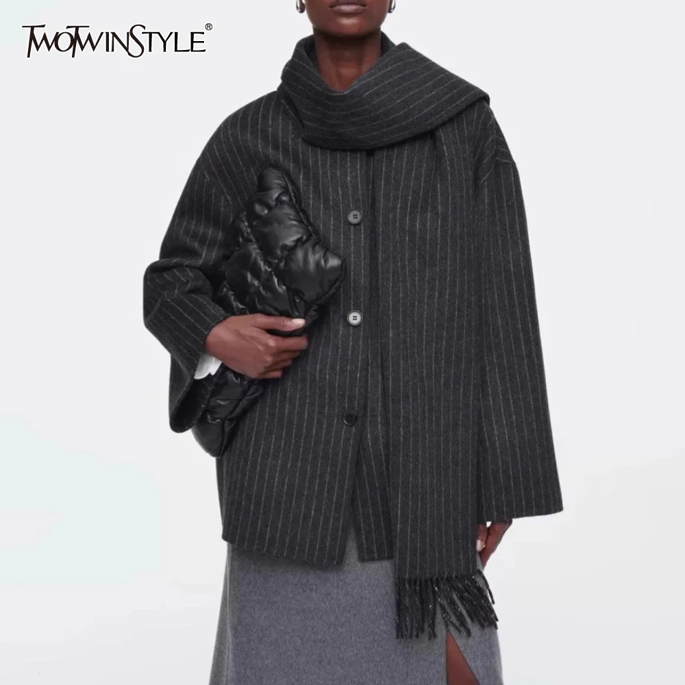 

TWOTWINSTYLE Darkgray Spliced Sriped Jacket Female O Neck Long Sleeve Loose Patchwork Tassel Women's Jackets Autumn Fashion New