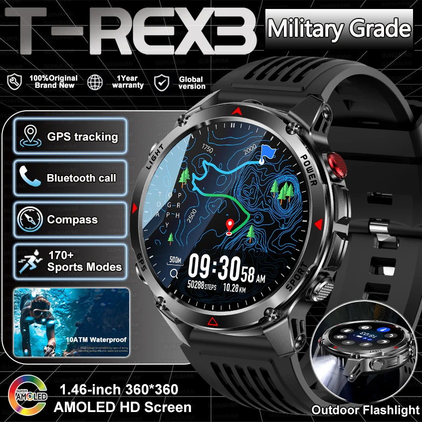 

Новинка 2025 года, военные умные часы T-Rex 3, мужские GPS-трекеры, компас, спортивный трекер, анти-падающий экран, водонепроницаемый HD-браслет для вызова