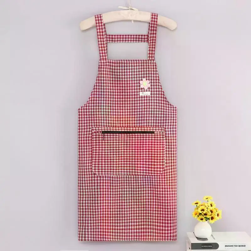 Cotton Plaid Kitchen Apron with Large Pocket Cute Floral Design Adjustable Fit for Home Cooking Baking Housewarming Gift