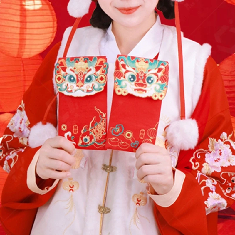 Buste rosse cinesi, busta con soldi fortunati 2024 anno del drago, drago Hongbao ricamato per borsa regalo Capodanno