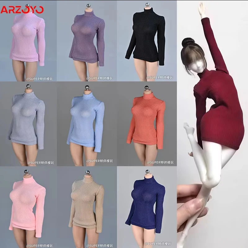 1/6 Female Soldier Sweater Slim Elastic High Neck Knit Pullover Sexy Open Chest Tops Mini Sweater Dress for 12