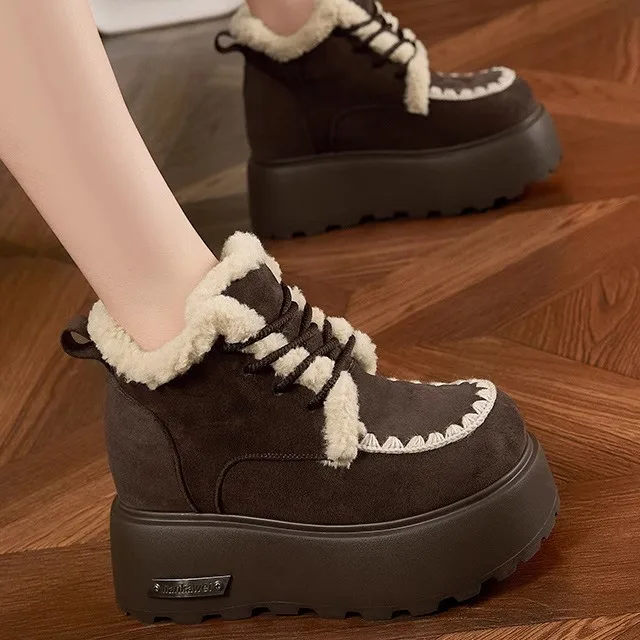 

Women's Short Snow Boots Fleece Lined Thick Bottomed Leather Booties Warm Winter Cotton Shoes round Toe High Heel Rubber Sole