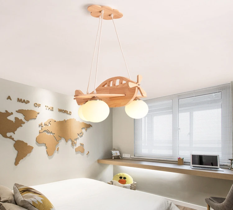 

Nordic Solid Wood Restaurant Chandelier Creative Children's Room Bedroom Lamps Simple Modern and Unique Design Aircraft Room