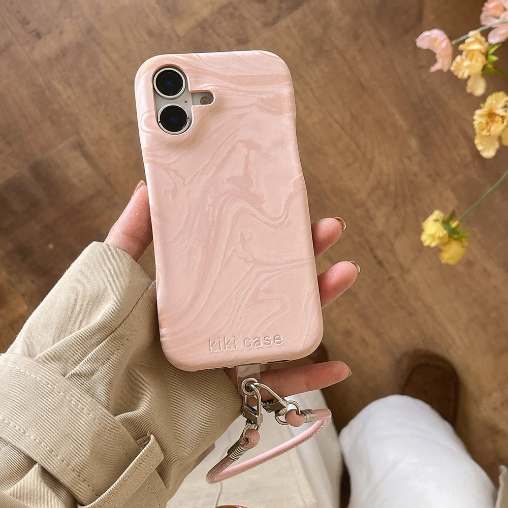 Retro Style Marble Pattern Silk Texture Leather Case For iPhone 16 15 14 13 12 11 Pro Max Phone Cover Fall Prevention Lanyard