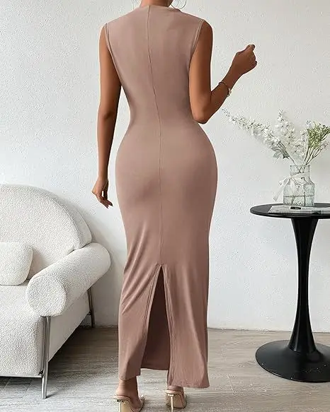 Robe moulante plissée sans manches avec fente au dos, robe élégante et tendance pour femmes, idéale pour les trajets quotidiens, les rendez-vous et les occasions formelles