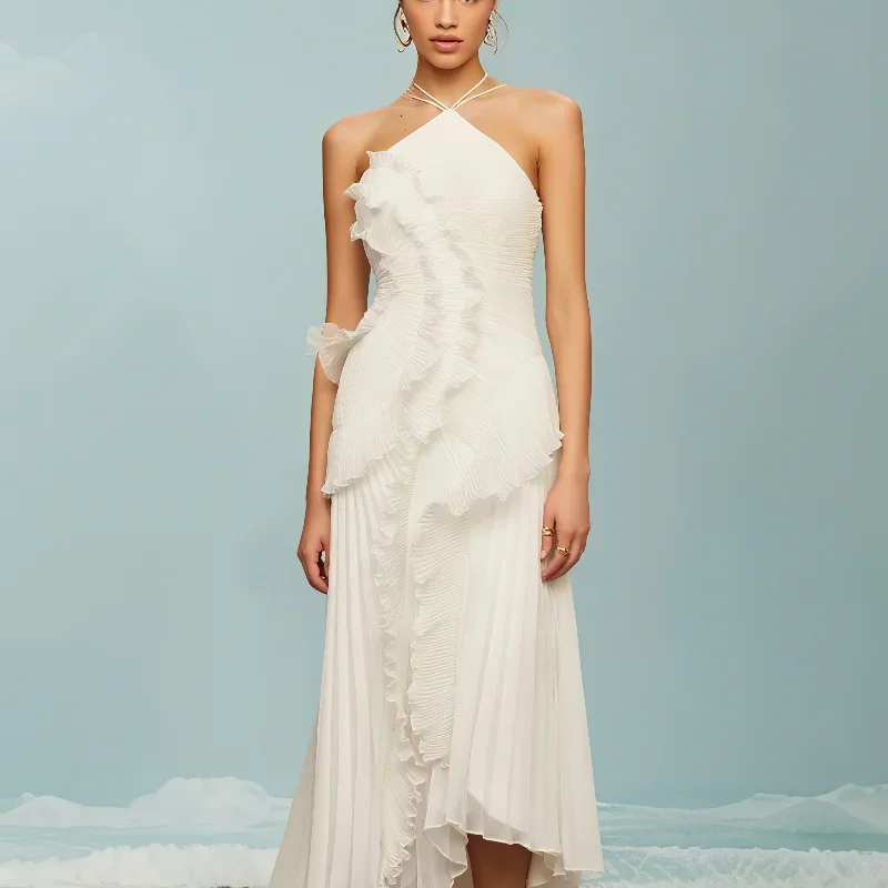 Elegante roxo halter uma linha vestidos de baile babados em camadas sem costas vestido de festa férias chiffon feminino longo vestido de noite