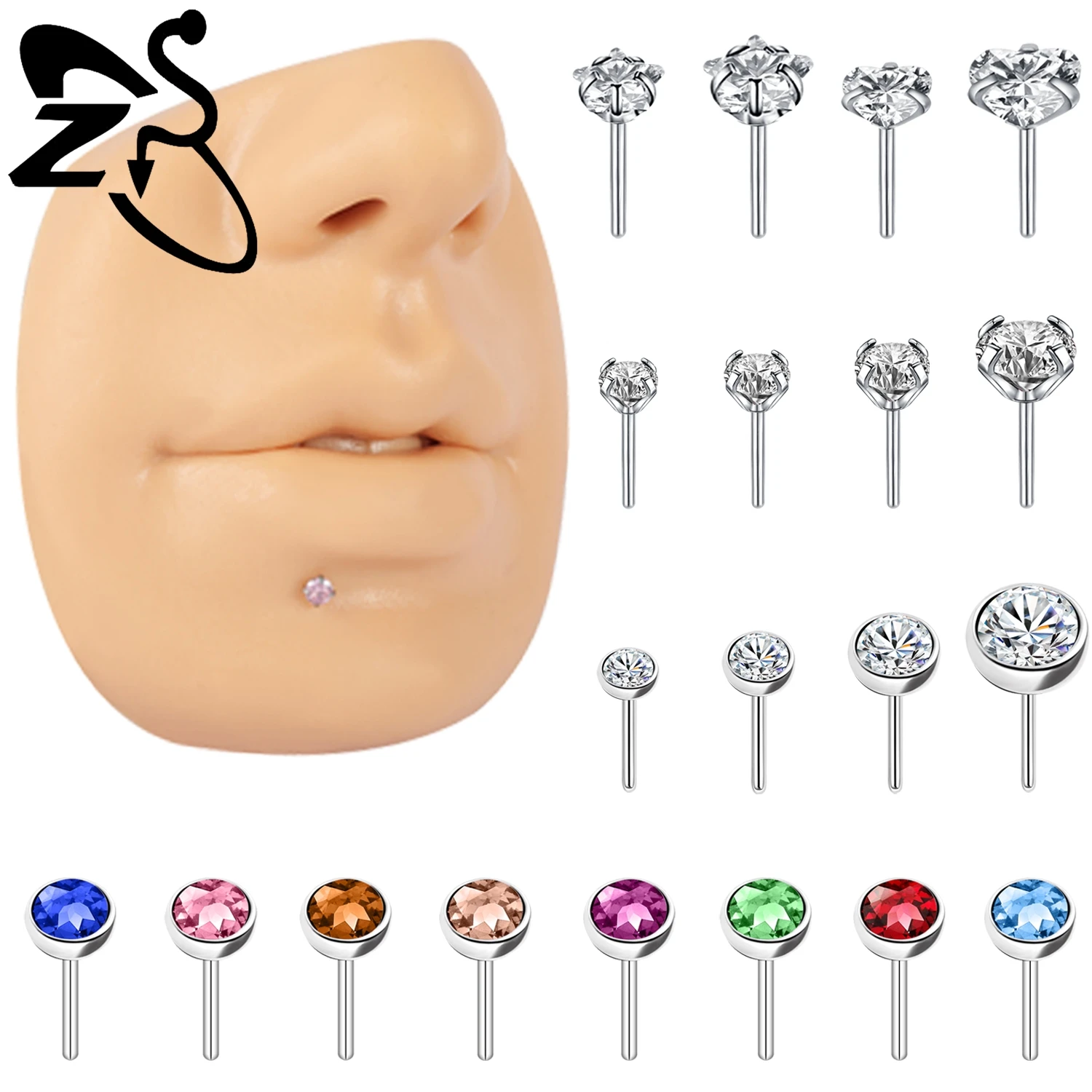 ZS 1 Piece Threadless Stainless Steel Labret Lip Piercing Top 1.5/2/2.5/3/4MM Colorful CZ Crystal Head For Earring Accessories