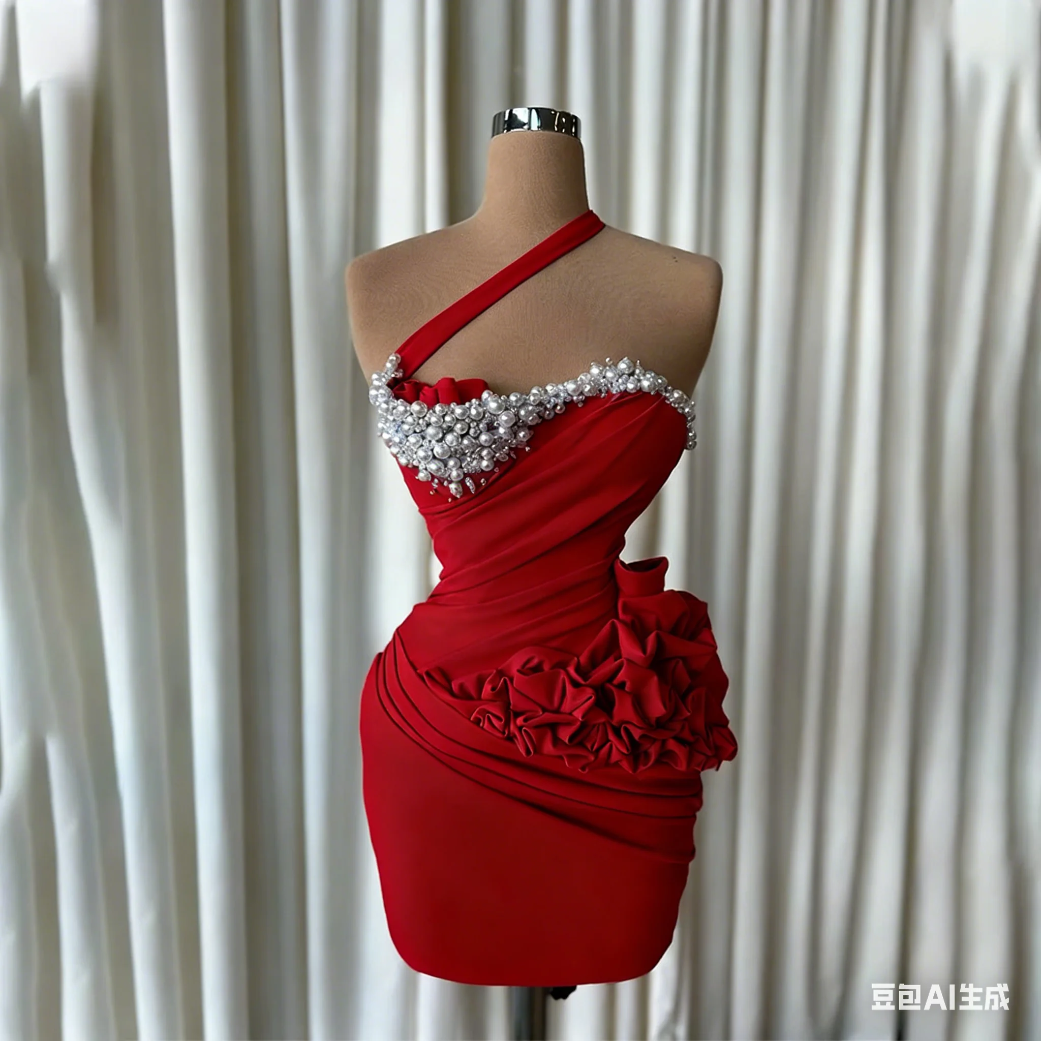 Sexy Mermaid Short Ball Dress with Pleated Shoulder Strap Pearl Formal Evening Dress Suitable for Women's Party Gown Customized