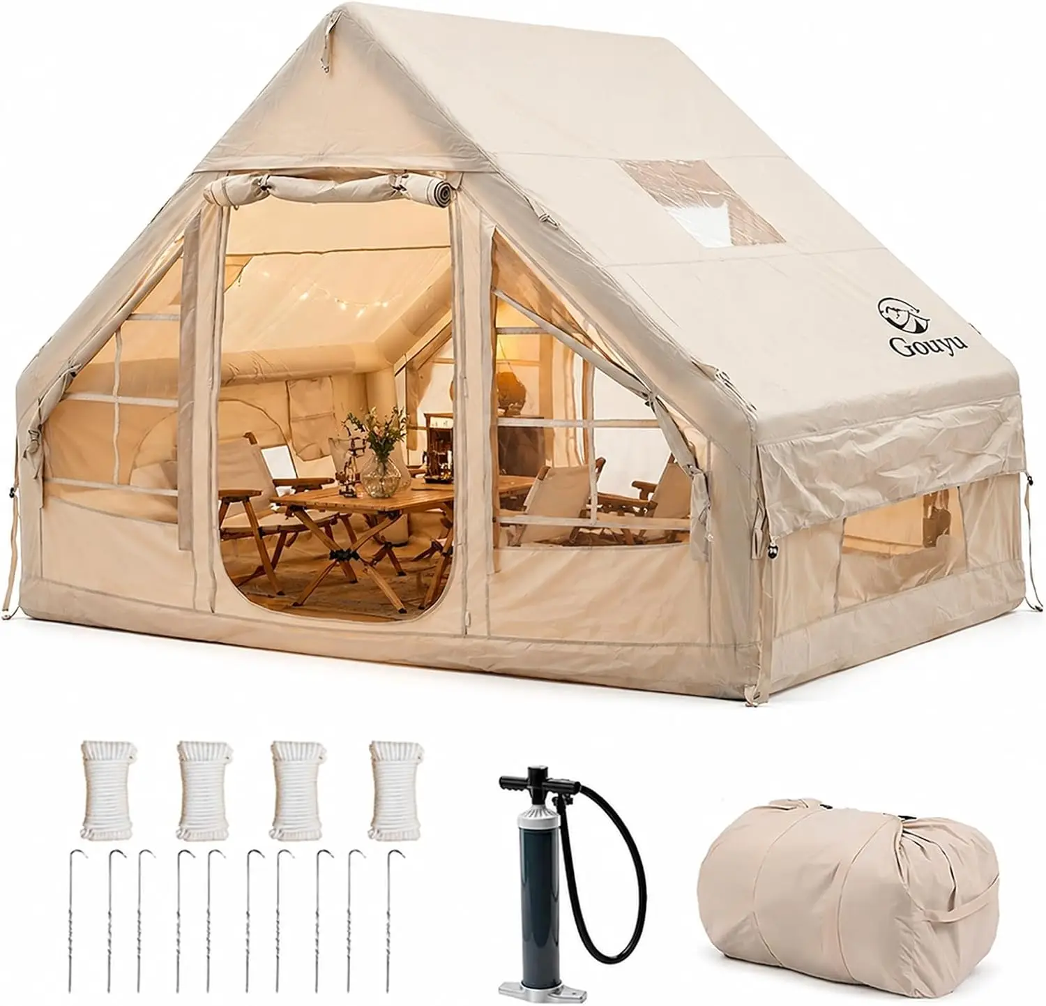 4 6 Person Inflatable Camping Tent Panoramic PVC Skylight Privacy Cover 420D Oxford Waterproof UPF30 PVC Air Beams Mesh Ventilat