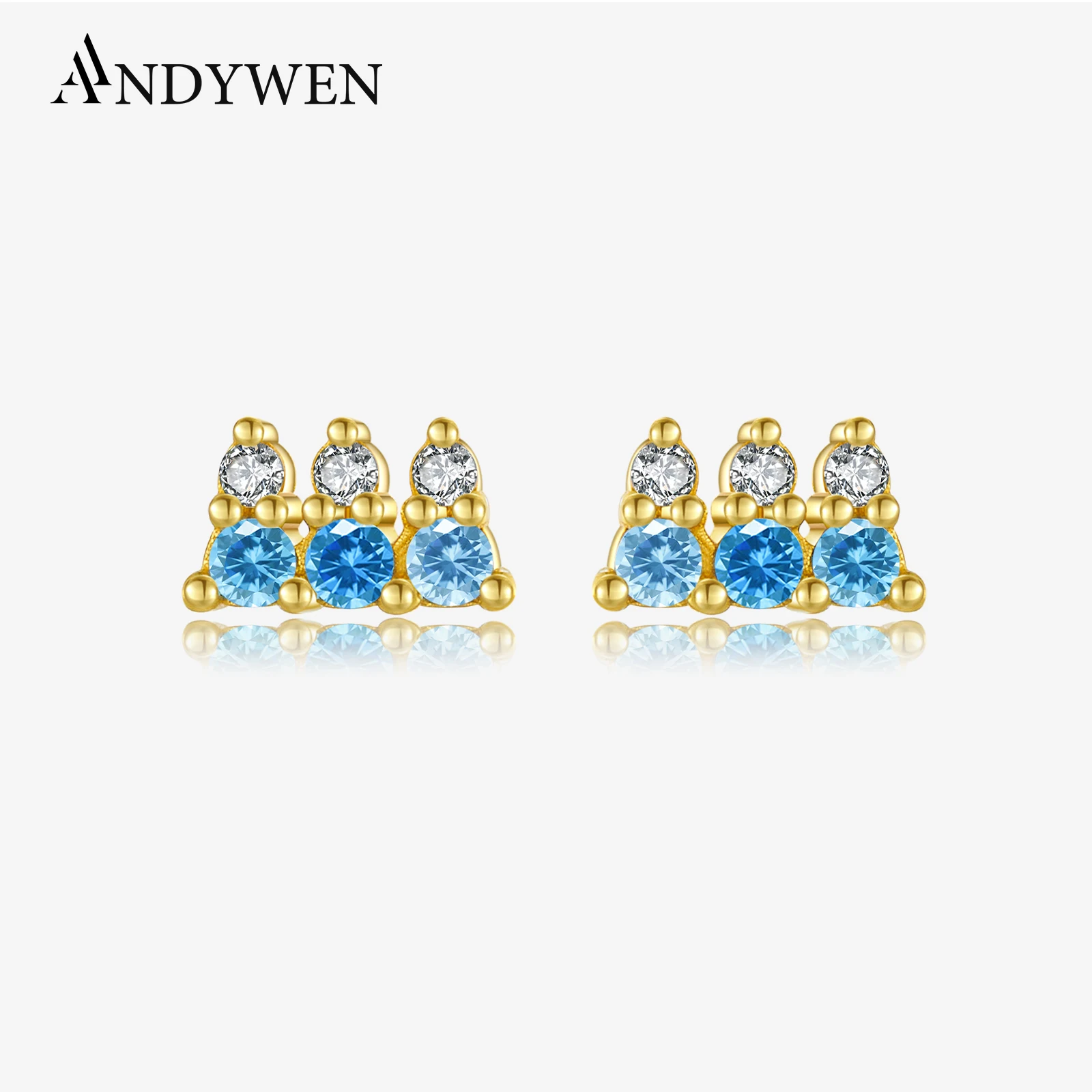 ANDYWEN 925 Sterling Silver Circle Tri Color Light Blue Clear Zircon Stud Earrings 2024 New Novel Vintage Women Party Jewelry