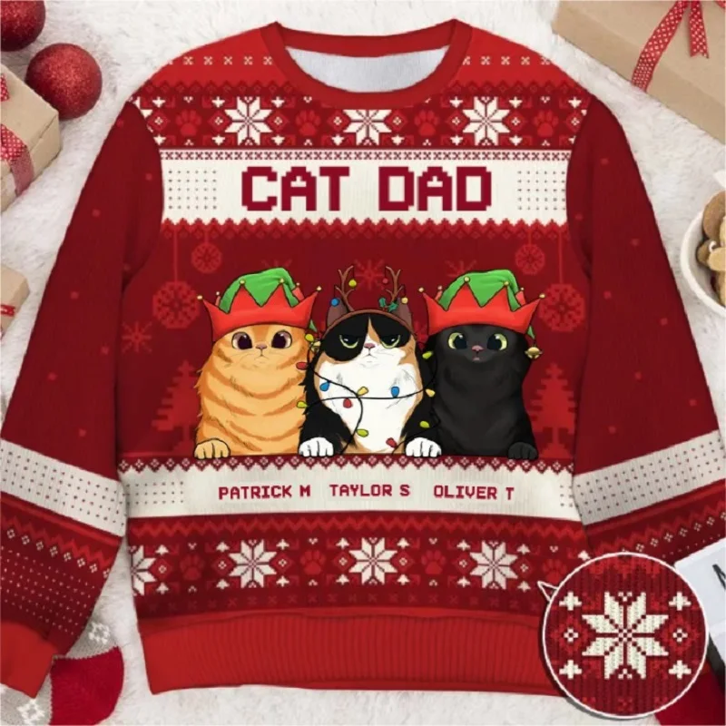 Three Cats Christmas Unisex Ugly Sweater Pullover 3D Printing Men\'s Knitted Apparel Plus Size Sweatshirt Casual Long Sleese