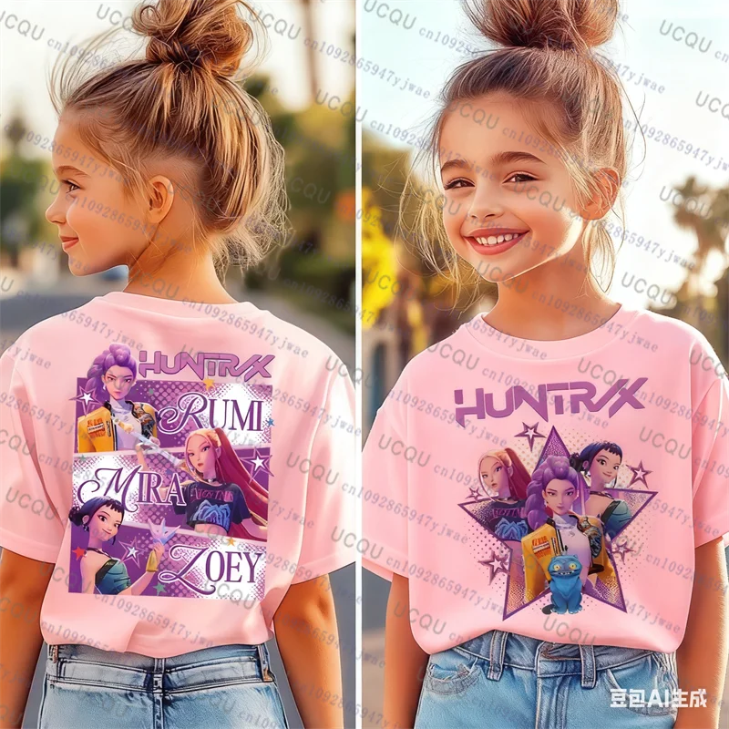 

Summer Kids Girls KPop Print Creative Fashion Versatile Crew Neck Demon Hunters Cartoon Short Sleeve Parent-child T-Shirt Top