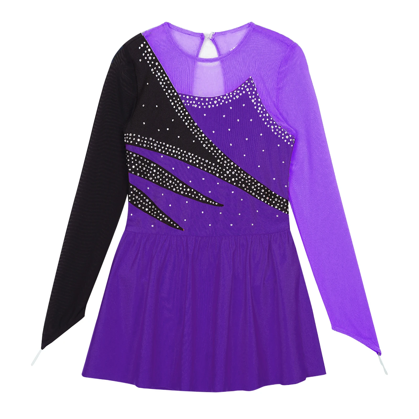 Vestido de patinaje artístico para niñas, leotardo de manga larga con contraste de Color de diamantes de imitación para Ballet, gimnasia, tutú, disfraz de actuación de salón