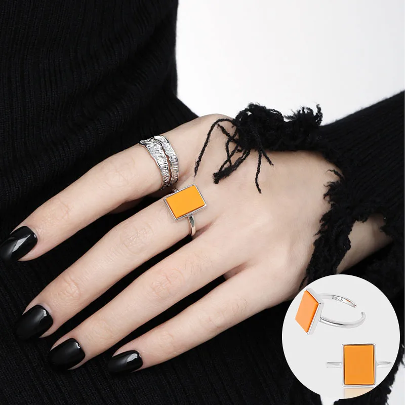 

100% 925 Sterling Silver Turquoise Geometric Open Ring for Woman Girl Simple Square Design Jewelry Party Gift Dropshipping