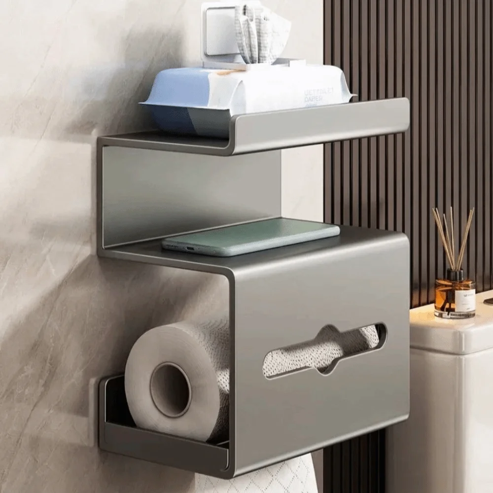 Wall-Mounted Toilet Paper Holder Drill-Free Space Saving Tissue Box Multi-Tier Easy To Install Tissue Rack Bathroom