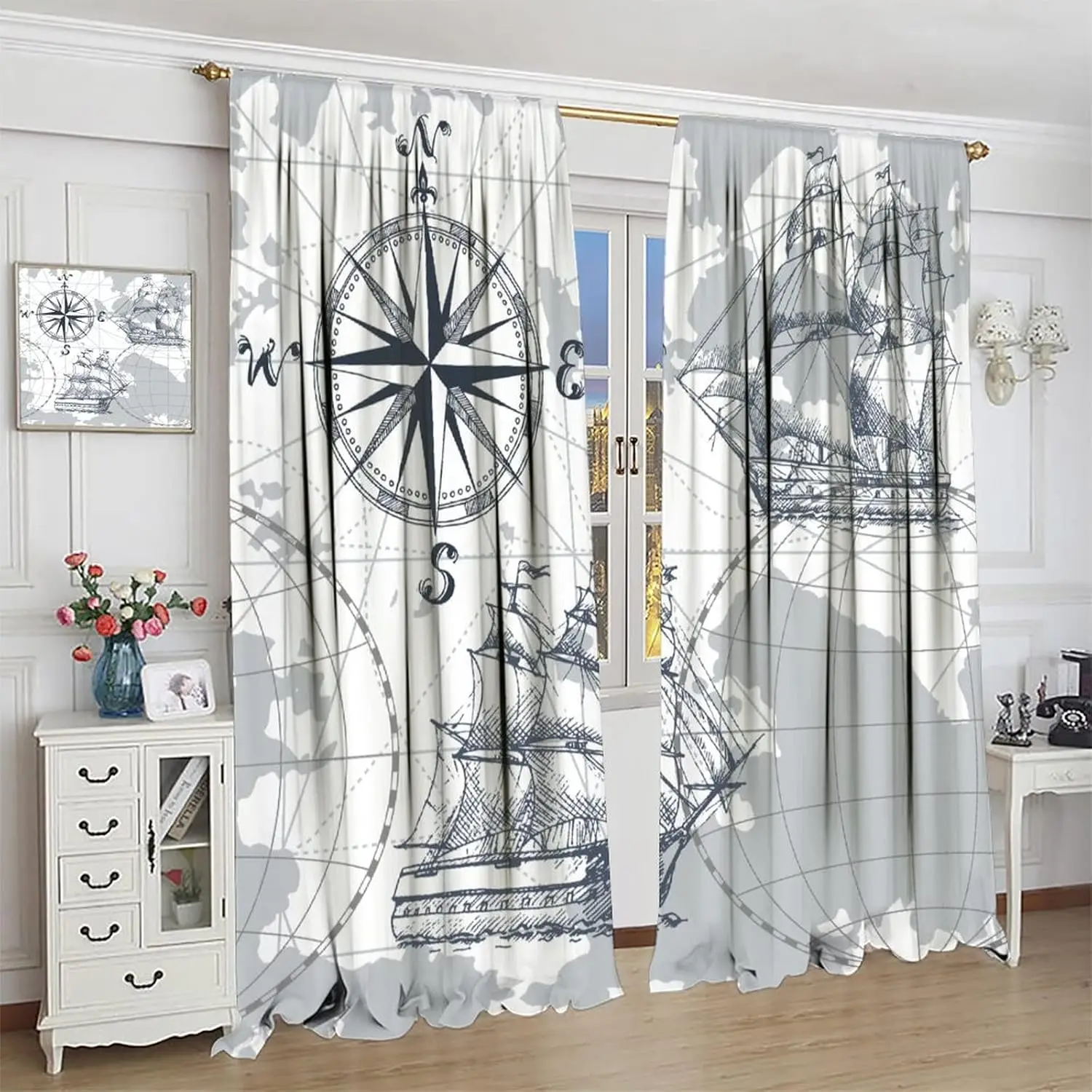 Nautical Map Curtain,World Map Sailboat Compass Boys Kids Pirate Ship Ocean Theme Blackout Window Door Curtains for Bedroom
