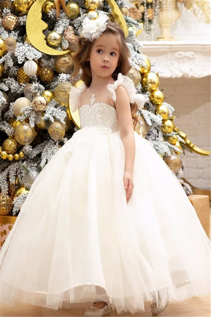 

White Sleeveless Fluffy Tulle Lace Princess Flower Girl Dresses Ball Beauty Pageant First Communion Kids Dream Surprise Gift