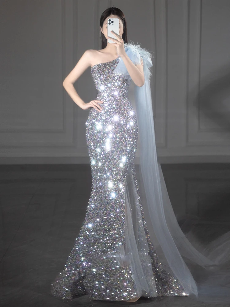 

Ele Evening Gown Sparkling Sequin Single oulder Fi Tail Dr Wedding Dr Banquet Dr Par Dr Korean Sle