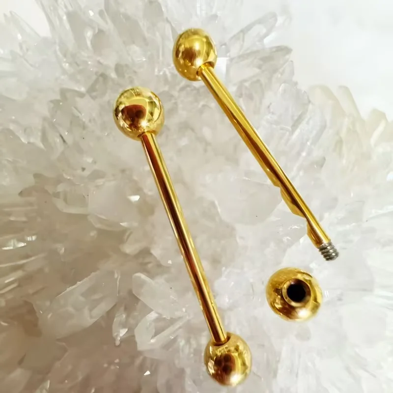 14G Golden Long Industrial Barbell Ring Tongue Sexy Barbell ASTM F136 G23 TItanium External Thread Piercing Jewelry