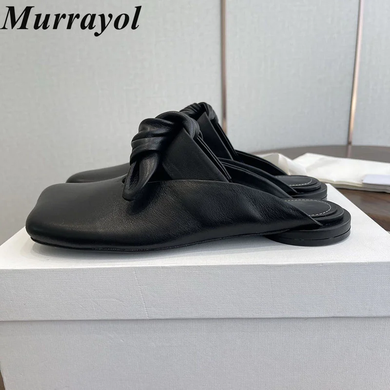 Half Slipper Closed Toe Genuine Leather Bow-Knot Decor Lazy Mules Women Flat Bottom Spring Summer Vacation Walking Shoes 2026