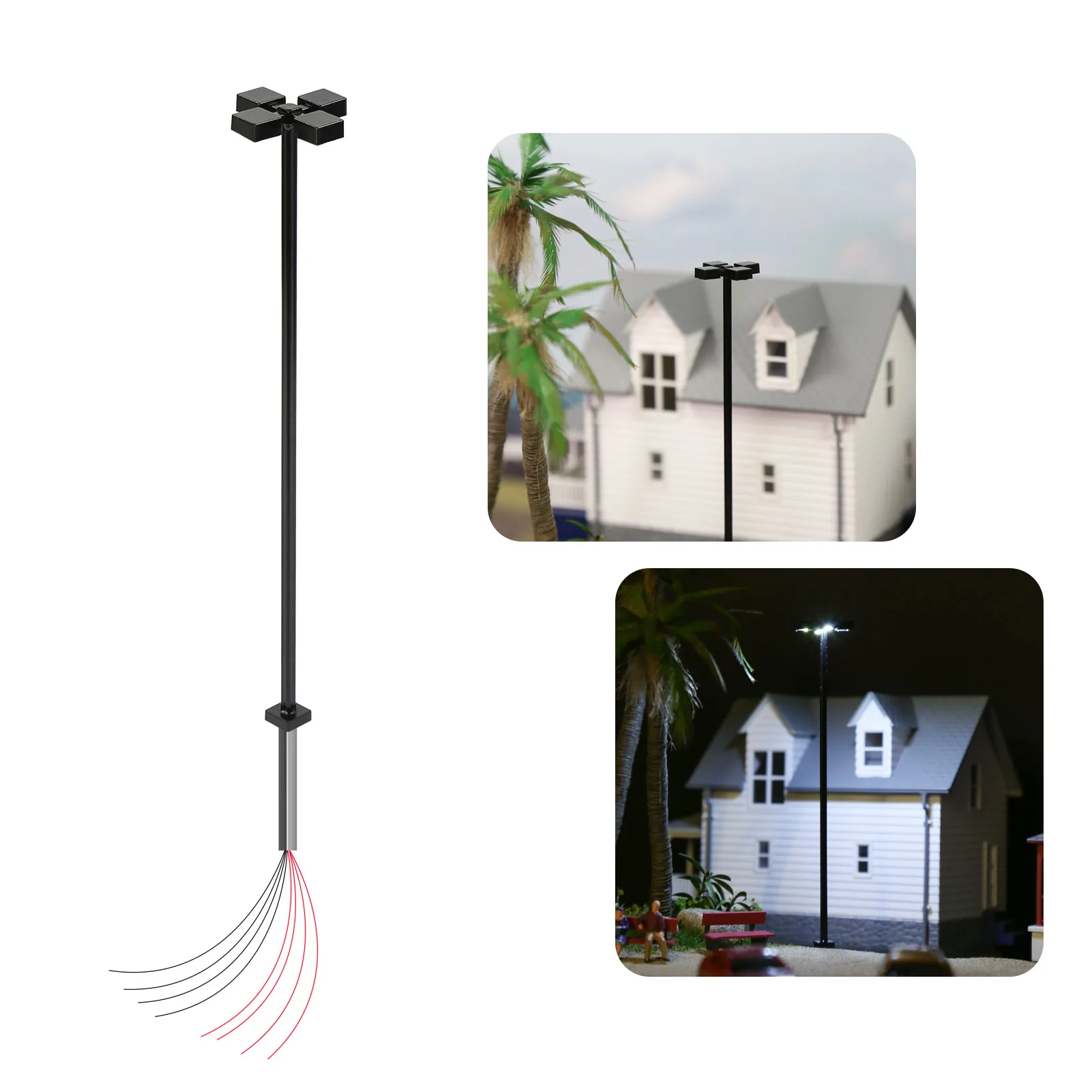 LM06HOW Evemodel 10pcs HO OO Scale 1:75 Metal Lamp Bright White LED Four-Heads Street Lights 10.6cm Black Pole