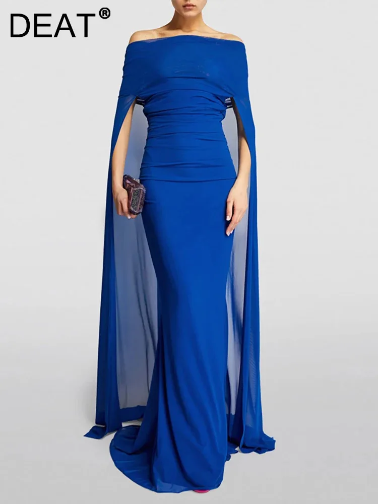 DEAT Women's Fashion Evening Dress Slash Neck Folds Backless Cloak Decorate Slim Floor-length Dresses Autumn 2024 New 13DB4321