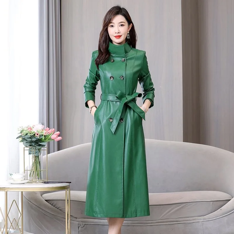New Women Leather Jacket Trench Coat Autumn Winter Fashion Stand Collar Double Breasted Lace-up Slim Long Leather Coat