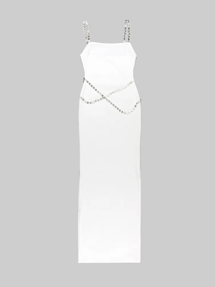 Women Summer Luxury Sexy Sleeveless Backless Chain Black White Maxi Long Gowns Celebrity Elegant Evening Party Club Dress