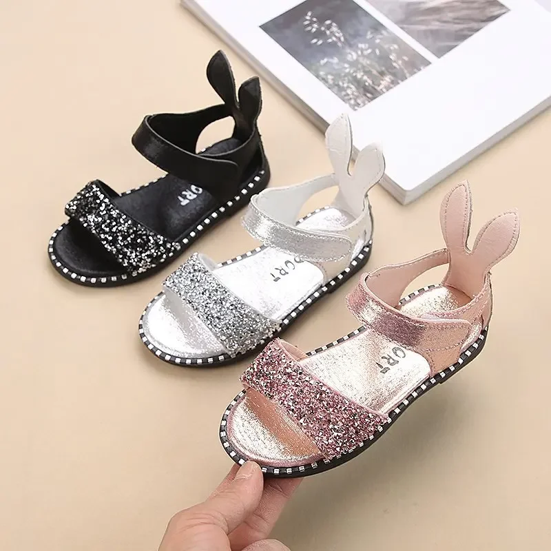 Children Sandals For Toddlers Girl Big Girls Kids Beach Shoes Cute Sweet Princess Rhinestone With Rabbit Ear Soft Fashion 21-36