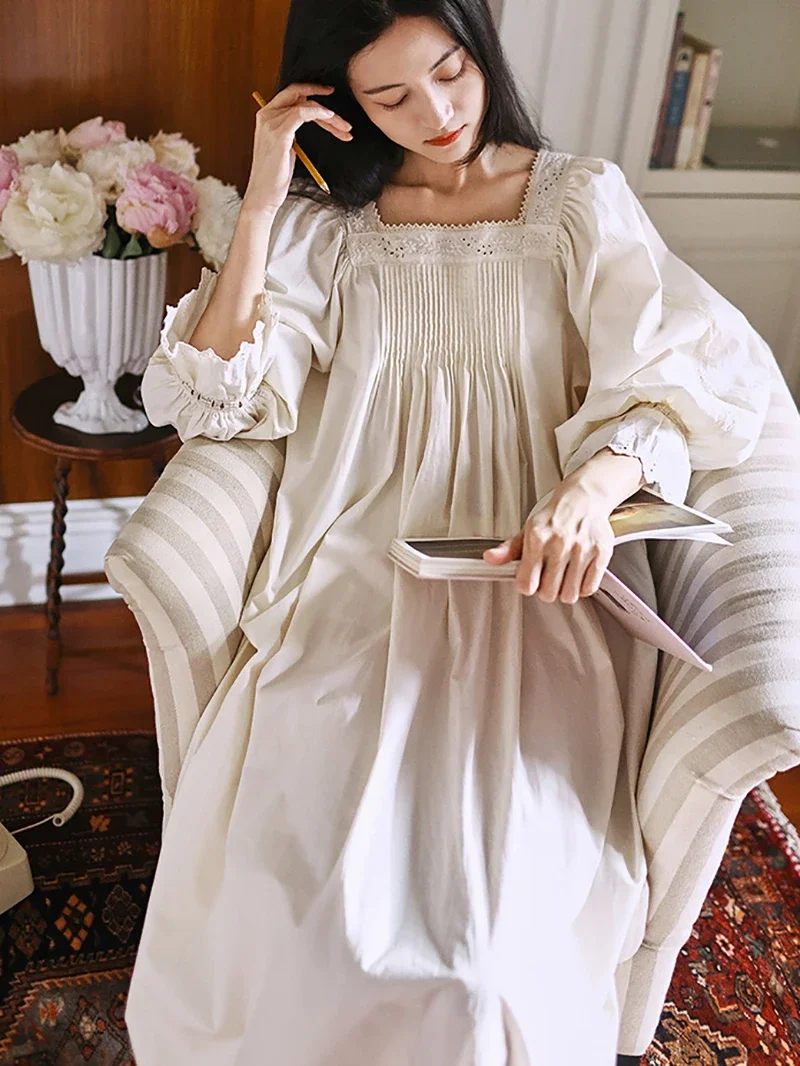 Women Pure Cotton Retro Princess Nightie Long Night Dress French Fairy Loose Nightgowns Vintage Victorian Romantic Sleepwear