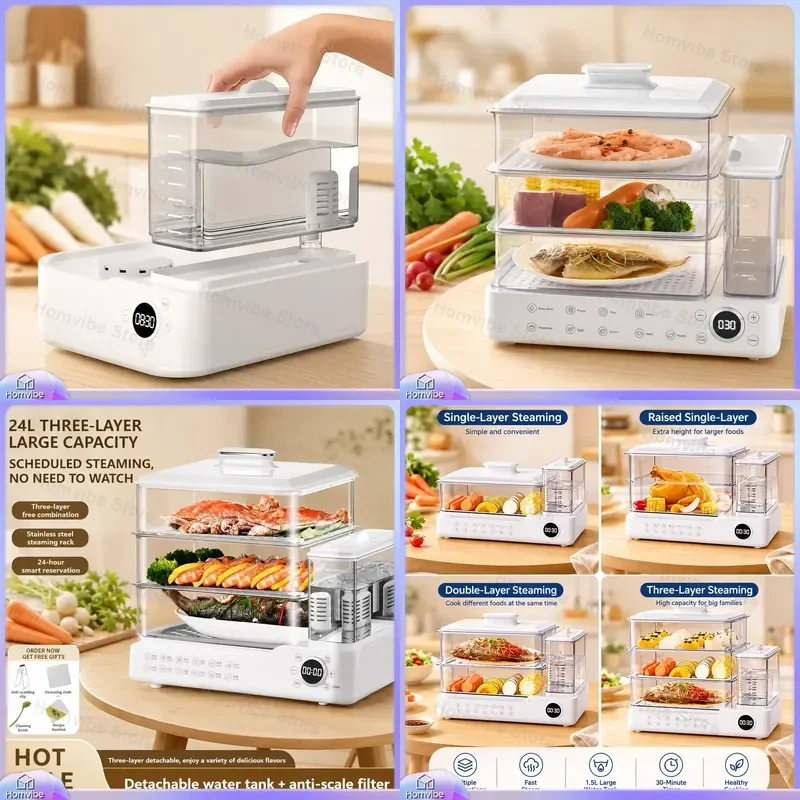 

Smart Electric Steamer 110V 220V Stainless Steel External Water Tank Multifunction Compact Large Capacity Food Steamer for