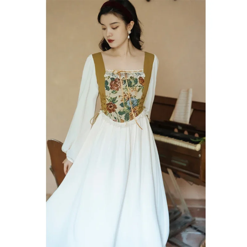 French Court Style Vintage Dress Female Elegant Apricot Square Collar Oil Painting Dresses Lantern Sleeve Chiffon Retro Vestidos