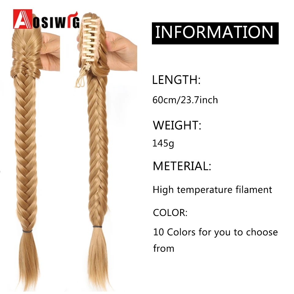 AOSI Synthetic Fishtail Braid Ponytail With Claw Clip 24Inch Long Braided Plaited Pony Tail Hairpieces Clip In Hair Extension