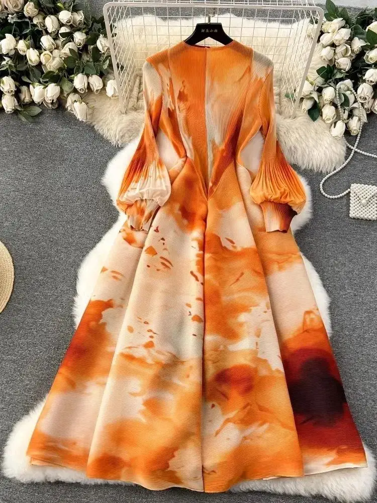 Luxury Halo Dyed Printed Wrinkle Stretch Long Robe Miyake Pleated Dress Women Cotton Lantern Sleeve Party Prom Evening Vestidos