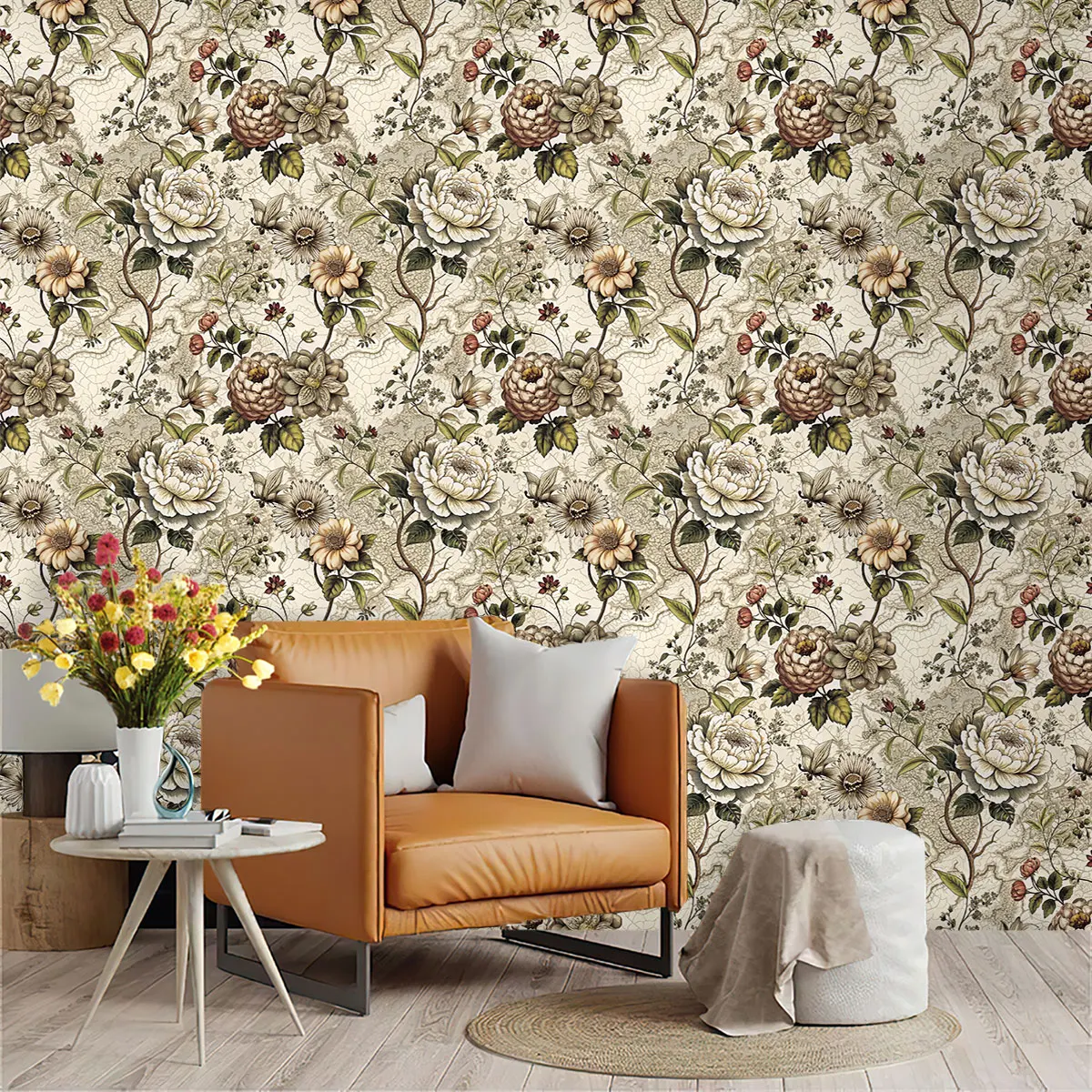 PVC self-adhesive retro floral pattern cyclic wallpaper for wall decoration and concealing flaws