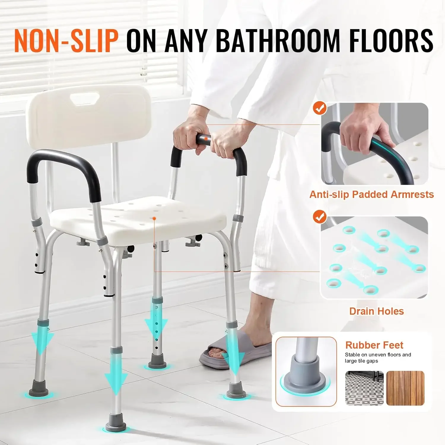 Silla de ducha, asiento de ducha con respaldo, banco de baño antideslizante, silla de baño para personas mayores discapacitadas, capacidad de 350 libras