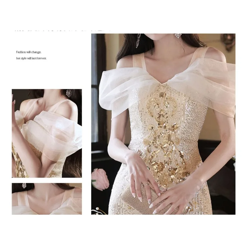 فستان سهرة GIYSILE مخصص مزين بالترتر الشامبانيا للنساء بحمالات كتف فاخرة متخصصة عالية الوضوح للولائم ذيل السمكة