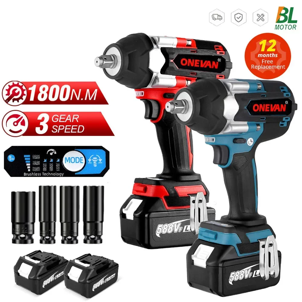 1800N.M 1/2 Inch Brushless Electric Impact Wrench with 4 Socket 2 Battery Screw Wrench For Trucks Power Tool