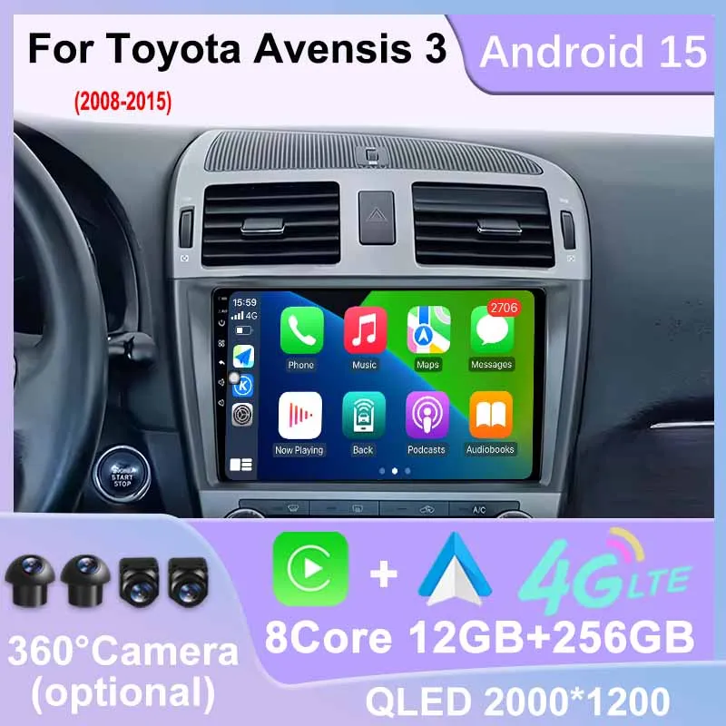 

Android 15 Wireless Carplay Auto QLED Car Radio For Toyota Avensis 3 2008-2015 GPS Navi Multimedia Player Head Unit 360 Camera