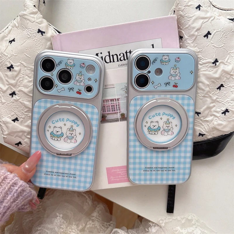 

Cute Light Blue Gingham Puppy Phone Case with Ring Holder For iPhone 14 15 16 17 Pro Max Silver Frame Protective Cover For Girls