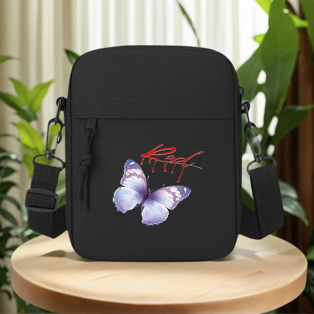 Butterfly,Red Letters,Black Background Men Crossbody Bag Single Shoulder Women Cartoon Anime Film Printing Design Unisex