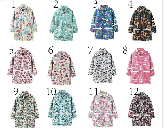 New Rainy Season Children's Raincoat Coat with Cute Print and Hat, Medium Length with Pocket, Outdoor Water Play Jacket